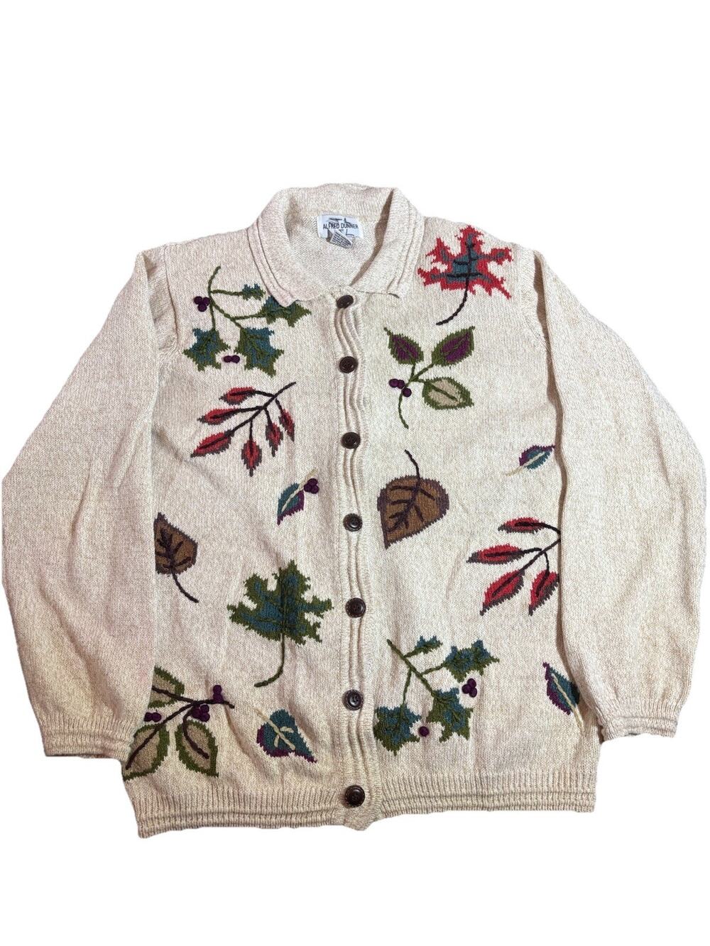 Alfred Dunner Womens Sweater Large Brown Long Sleeve Embroidered VTG Cardigan M